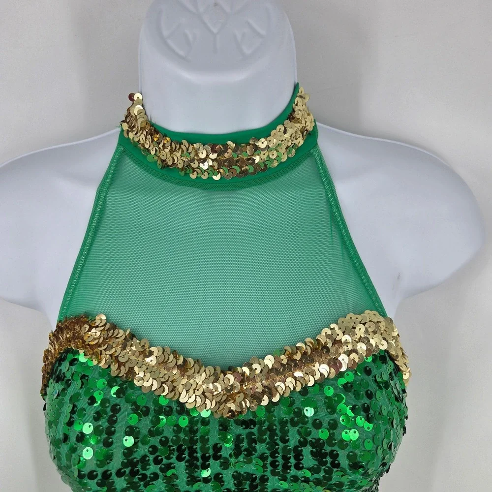 Weissman Green Gold Sequin Dance Costume Halter Strappy Back LC Performance
